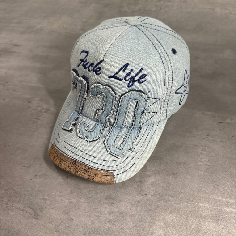 Asspizza‎ 730 F*** Life Hat Light Blue Denim Distressed Austin Babbitt Star Cap